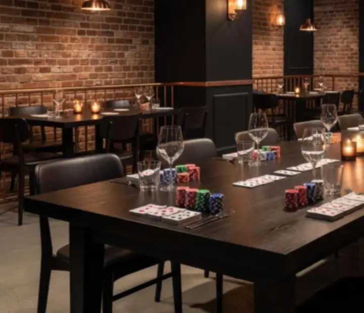 Detailní koláž stolů připravených na společenské pokerové večery v různých gastro prostorech
